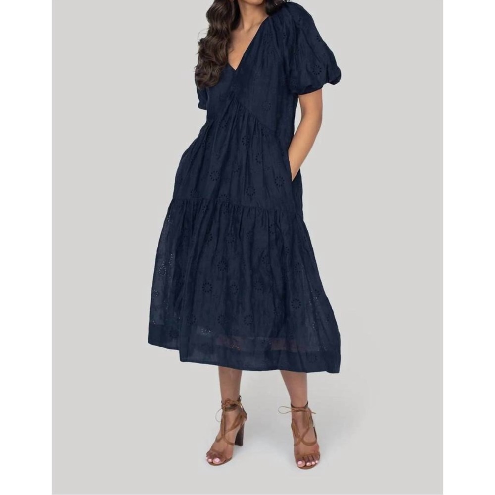 Frame Navy Eyelet PUFF Sleeve Maxi Dress Small Ramie - Picture 2 of 7
